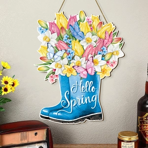 Hello Spring blue rain boots wooden hanging sign with colorful tulips for home wall decor