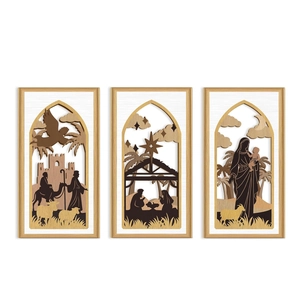 Detailed layered wood carving depicting religious scenes in arched rectangular frames