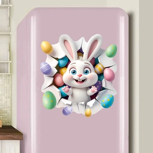 3D cartoon rabbit and Easter eggs wall sticker on pink refrigerator door