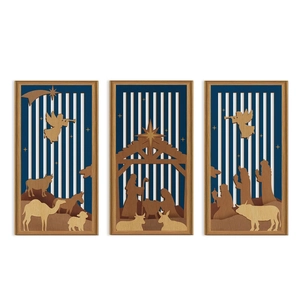 Detailed close-up of 3-piece laser cut wooden Nativity scene with walnut finish