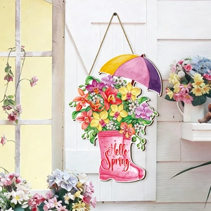 Close-up of Hello Spring wooden rain boots wall plaque with flowers and jute rope