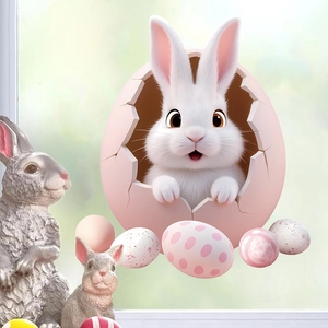 Detailed view of 3D Easter bunny wall decal popping out from pink cracked eggshell