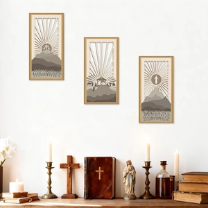 Three-piece Easter wooden wall art set with hollow religious cross and mountain scene