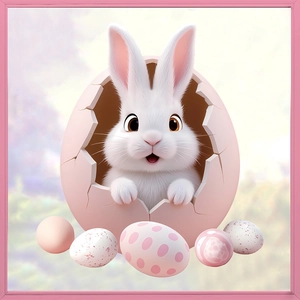 Close-up of 3D Easter bunny emerging from a pink cracked eggshell with colorful eggs
