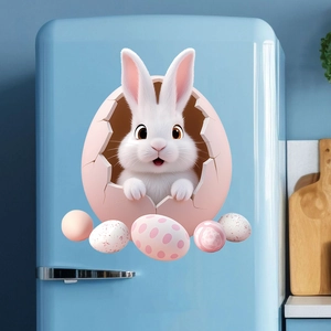 3D Easter rabbit with pink eggs wall sticker on light blue refrigerator door