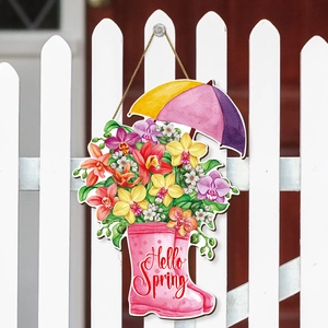 Detail of wooden Hello Spring door hanger with pink rain boots and floral umbrella design