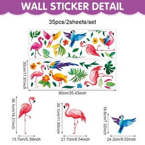 Detailed sheet dimensions of flamingo and parrot tropical wall stickers with 35 pieces