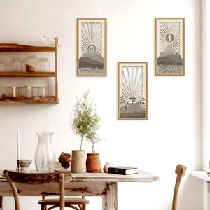 Modern Easter wooden wall decor set featuring 3D laser-cut mountain and religious cross scenes