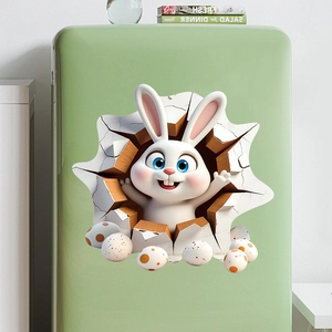 Detailed 3D visual of cartoon rabbit and Easter eggs PVC sticker on a green fridge