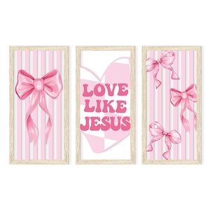 Three-piece Bohemian pink bow wall art set with Love Like Jesus text in wood frames