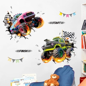 3D monster truck wall decals with broken wall effect for boy bedroom racing theme decor