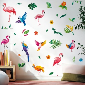 Pink flamingo and parrot tropical wall stickers with colorful leaves for kids' rooms