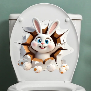 Detailed view of 3D cartoon rabbit and Easter eggs stickers on a white toilet lid