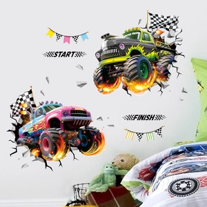 3D monster truck wall stickers for boys room with racing flags and broken wall effect