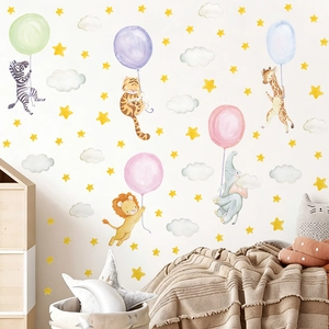 Watercolor animal wall decals with giraffe, lion and stars for baby nursery decor