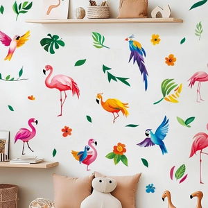 Colorful tropical flamingo and green leaf wall stickers for children nursery decoration