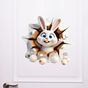 3D wall sticker featuring a cartoon rabbit emerging from a broken wall with Easter eggs