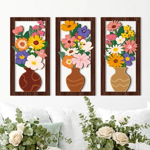 Set de 3 cuadros decorativos vintage de madera 3D con jarrones de flores coloridos