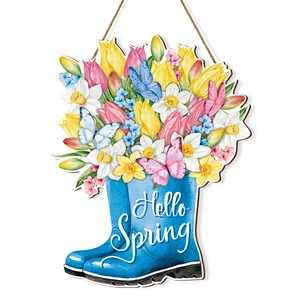Floral rain boots wooden door sign with Hello Spring text and colorful tulip flowers