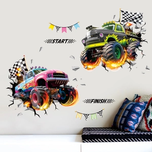 3D Monster Truck Wall Stickers Broken Wall Racing Car Decals For Boys Bedroom PVC Cartoon Wall Art Kids Room Decoration