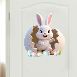 Close-up of 3D Easter bunny and colorful eggs sticker on a white bedroom door surface