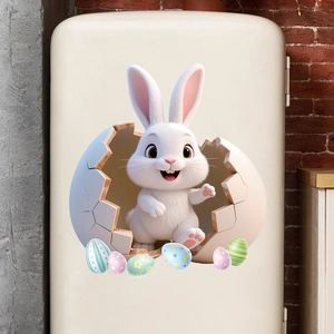 3D cartoon Easter bunny and colorful eggs wall stickers on an off-white refrigerator