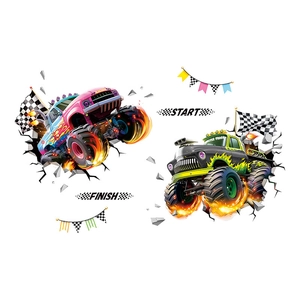 3D wall decal set featuring monster trucks, racing flags, and start finish text