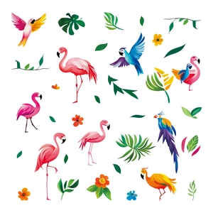 Tropical wall stickers with flamingos, colorful parrots and lush watercolor palm leaves