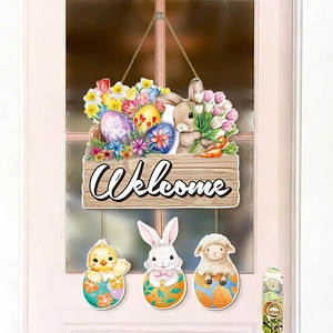 Panneau de bienvenue de Pâques en bois avec lapin et ornements sur porte rose