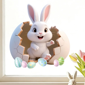 3D Easter bunny window sticker appearing from a cracked giant egg with colorful eggs