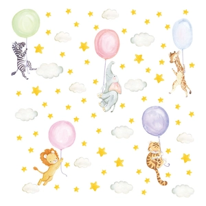 Cartoon animal wall stickers with zebra elephant lion and colorful balloons for nursery