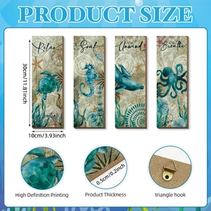 Detailed view of 30x10cm marine wooden wall art featuring sea turtles and octopus