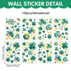 Set of 8 St. Patrick's Day clover window clings with rainbow and gold coin details