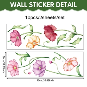 Detail showing 30x90cm dimensions for 10pcs floral poppy PVC wall stickers set