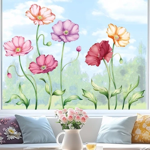 Colorful poppy flower window stickers made of PVC for living room wall decoration