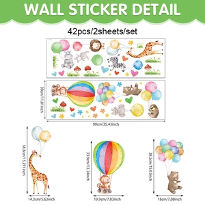 Cartoon animal wall stickers set featuring lion and hot air balloon for kids room decor