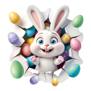 3D cartoon Easter bunny and colorful eggs popping out through a ripped wall sticker