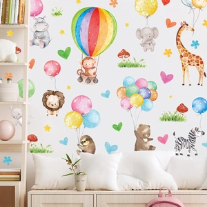 Cartoon Animal Wall Stickers For Kids Room PVC Self-Adhesive Watercolor Lion Balloon Giraffe Nursery Decor Removable Wall Decal