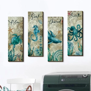 Set of 4 ocean animal wooden wall art featuring turtle and seahorse for bathroom decor