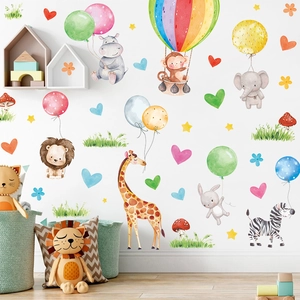 Watercolor animal wall decals with lions and balloons for children's room decor