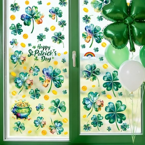 Watercolor St. Patrick's Day window clings with shamrocks, rainbows and gold coins decor