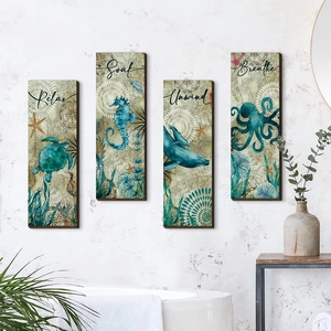 Set of 4 wooden ocean animal wall art with turtle and seahorse for bathroom decor