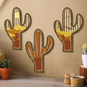 Set Decorazione Murale in Legno Cactus Paesaggio Desertico Boho Modello Sole e Uccelli Appeso a Parete per Soggiorno Camera da Letto