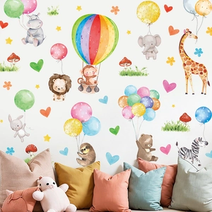 Cartoon animal wall stickers for kids rooms with lion and hot air balloon motifs