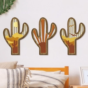 Set di 3 decorazioni murali in legno con cactus e deserto per interni moderni