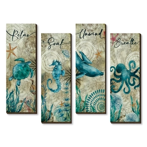 Four-piece ocean animal wooden wall art set with sea turtle and nautical theme