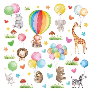 Watercolor animal wall decals with lions and balloons for kids room decoration
