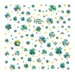 St. Patrick's Day window stickers with shamrocks, rainbows and gold coins on white background
