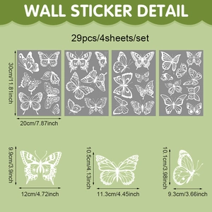 Detailed dimensions of 29-piece white butterfly window clings on four static PVC sheets