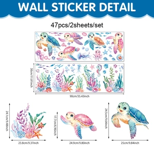 Detailed size guide of ocean themed sea turtle wall stickers showing 47 pcs PVC decals